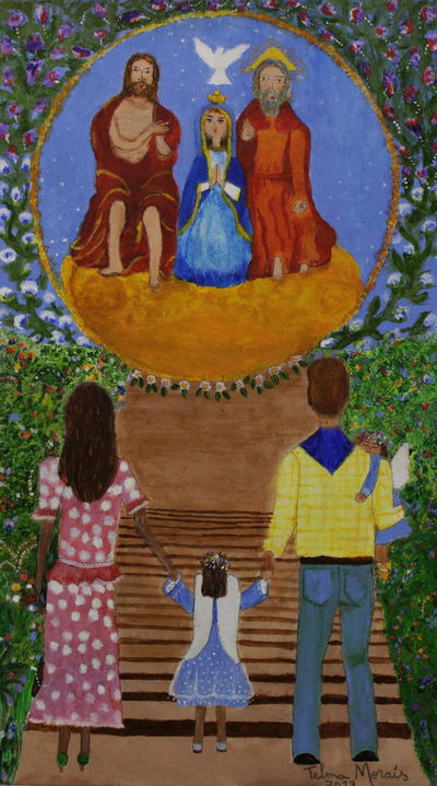Original Naif Painting of a Family Adoring the Holy Trinity