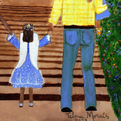 'Los Devotos' - Pintura Naif Original de una Familia Adorando a la Santísima Trinidad