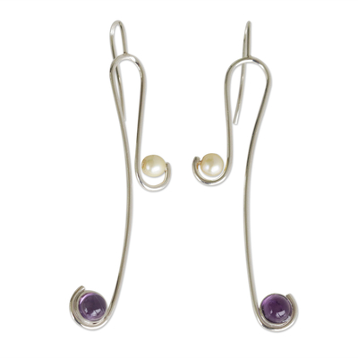 Amethyst and cultured pearl drop earrings, 'Interaction' - Handmade Amethyst and Cultured Pearl Earrings