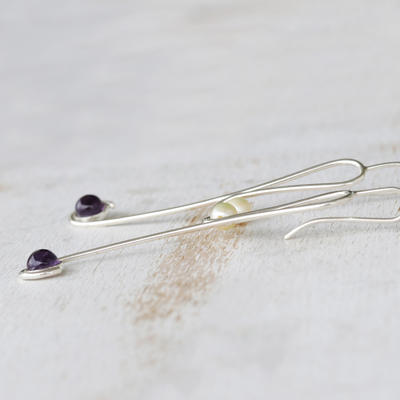 Amethyst and cultured pearl drop earrings, 'Interaction' - Handmade Amethyst and Cultured Pearl Earrings