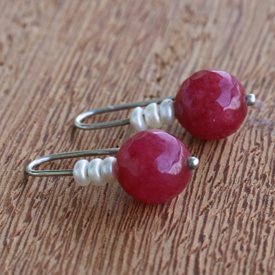 Jade and cultured pearl drop earrings, 'Crimson Belle' - Faceted Red Jade and White Cultured Pearl Drop Earrings