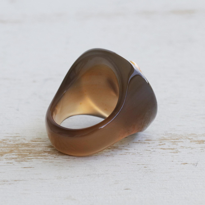 Agate and cultured pearl signet ring, 'Golden Caramel' - Handcrafted Caramel Agate and Gold Cultured Pearl Ring