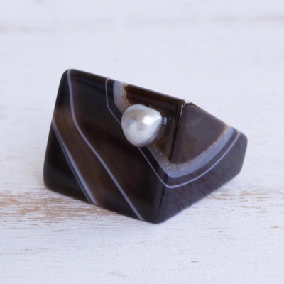 Cultured pearl and agate ring, 'Natural Impression' - Contemporary Cultured Pearl and Agate Ring