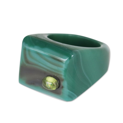 Agate and peridot cocktail ring, 'Mesmerizing Green' - Artisan Crafted Unique Green Agate and Peridot Cocktail Ring