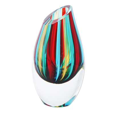 Jarrones de vidrio de arte soplado a mano, (juego de 3) - 3 coloridos jarrones de vidrio brasileño soplado a mano inspirados en murano