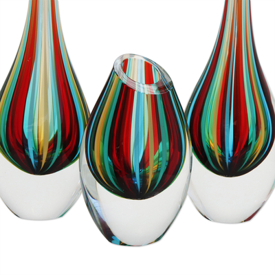 Handblown art glass vases, 'Circus' (set of 3) - 3 Murano Inspired Colorful Handblown Brazilian Glass Vases