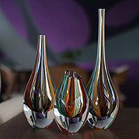 Handblown art glass vases, 'Carnival Color Fantasy' (set of 3) - 3 Collectible Handblown Murano Inspired Art Glass Vases