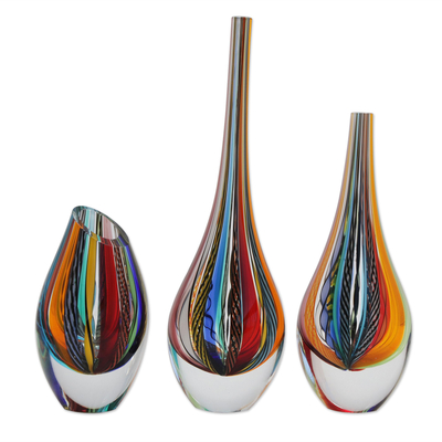 3 Collectible Handblown Murano Inspired Art Glass Vases