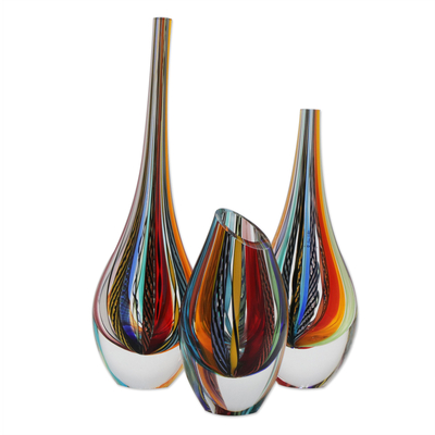 Vasen aus mundgeblasenem Kunstglas, 'Carnival Color Fantasy' (3er-Set) - 3 Sammelbare mundgeblasene Murano inspirierte Kunstglasvasen