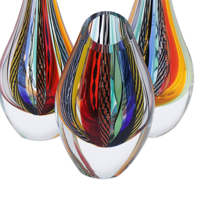 Handblown art glass vases, 'Carnival Color Fantasy' (set of 3) - 3 Collectible Handblown Murano Inspired Art Glass Vases