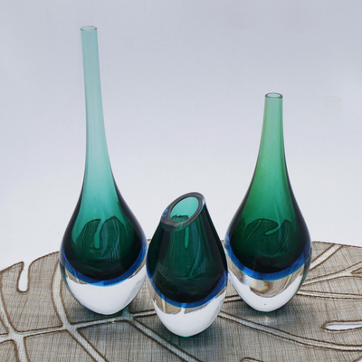 New 9" Hand Blown Glass Art Vase Bottle Blue Brown Teardrop Italian Decorative 