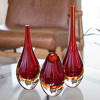 Handblown art glass vases, 'Levitating Ruby' (set of 3) - Ruby Red Murano Inspired Art Glass Vases Set