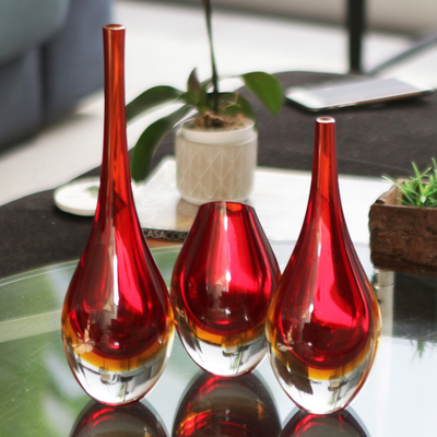 Handblown art glass vases, 'Levitating Scarlet' (set of 3) - Red Murano Inspired Art Glass Vase