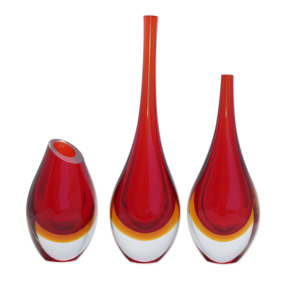 Handblown art glass vases, 'Levitating Scarlet' (set of 3) - Red Murano Inspired Art Glass Vase