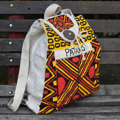 Hand-painted cotton backpack, 'Pataxó Patterns' - Unisex Hand Painted Backpack