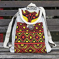 Hand-painted cotton backpack, 'Tribal Treasure' - Colorful Hand Painted Backpack