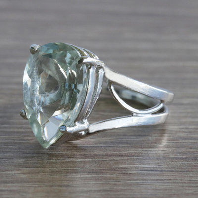 Prasiolite solitaire wrap ring, 'Spiritual Soul' - Pear-Shaped Prasiolite Ring
