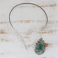Agate collar necklace, 'Slice of Green' - Stainless Steel and Agate Collar Necklace