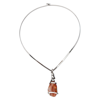 Agate pendant necklace, 'Caramel Ribbon' - Statement Necklace with Caramel Agate