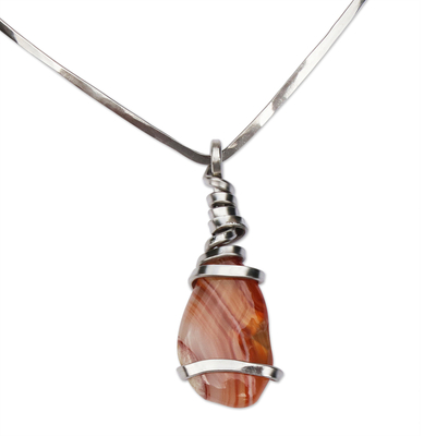 Agate pendant necklace, 'Caramel Ribbon' - Statement Necklace with Caramel Agate