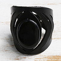 Agate and leather wristband bracelet, 'Echo in Black' - Handmade Agate and Leather Bracelet