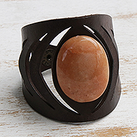 Carnelian and leather wristband bracelet, 'Echo in Orange' - Modern Leather and Carnelian Bracelet