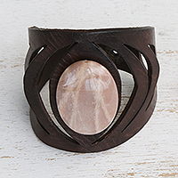 Moonstone and leather wristband bracelet, 'Echo in Rose' - Natural Moonstone Leather Wristband Bracelet