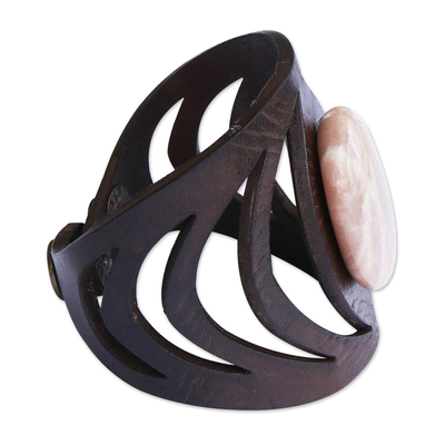 Moonstone and leather wristband bracelet, 'Echo in Rose' - Natural Moonstone Leather Wristband Bracelet