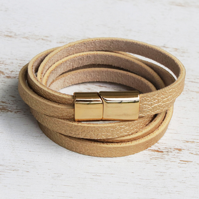 Gold-accented leather wrap bracelet, 'Summer Gold' - Golden Leather Wrap Bracelet