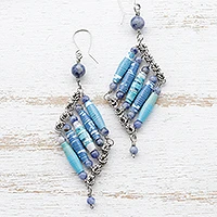 Recycled paper and sodalite dangle earrings, 'Cool Diamonds' - Sodalite and Recycled Paper Eco-Friendly Earrings