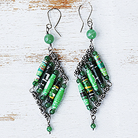 Recycled paper and quartz dangle earrings, 'Cool Diamonds' - Green Quartz and Recycled Paper Eco-Friendly Earrings