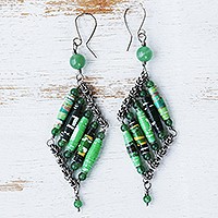 Recycled paper and quartz dangle earrings, 'Eco Diamonds' - Green Quartz and Recycled Paper Eco-Friendly Earrings