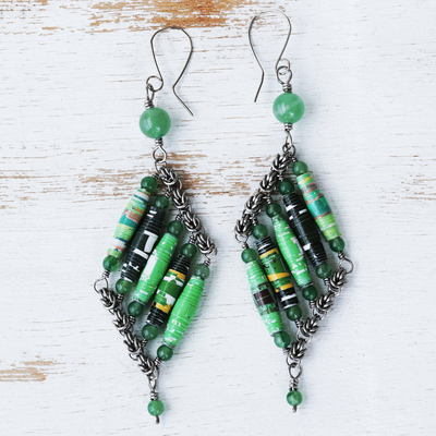 Recycled paper and quartz dangle earrings, 'Cool Diamonds' - Green Quartz and Recycled Paper Eco-Friendly Earrings