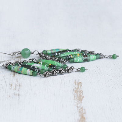Recycled paper and quartz dangle earrings, 'Eco Diamonds' - Green Quartz and Recycled Paper Eco-Friendly Earrings