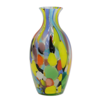 Handblown art glass vase, 'Curvy Carnival Confetti' - Unique Murano Inspired Glass Vase Handblown in Brazil