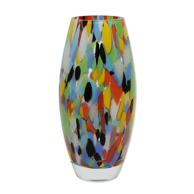 Handblown art glass vase, 'Carnival Confetti' (9 inch) - Unique Murano Inspired Glass Vase (9 inch)