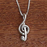 Silver pendant necklace, 'On Pitch' - Treble Clef Silver Necklace