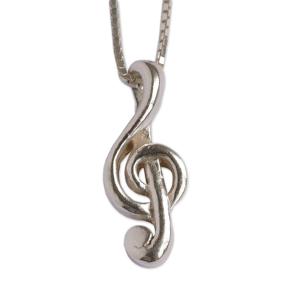 Silver pendant necklace, 'On Pitch' - Treble Clef Silver Necklace