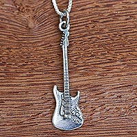 Silver Electric Guitar Pendant Necklace from Brazil - Guitar