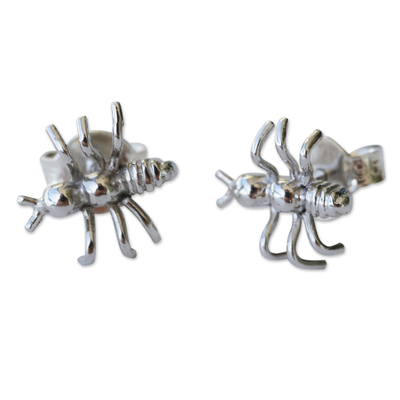Rhodium-plated sterling silver button earrings, 'Ant Antics' - Rhodium-Plated Ant Earrings