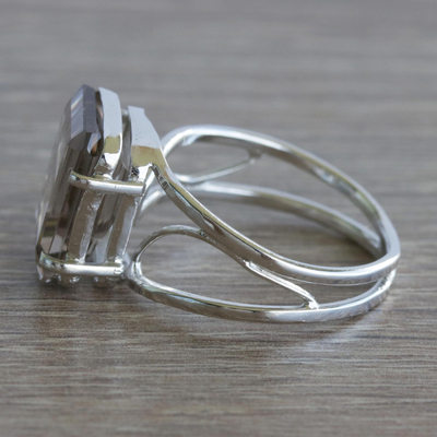 Smoky quartz solitaire wrap ring, 'Empyrean' - Hand Crafted Smoky Quartz Wrap Ring