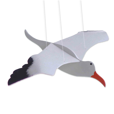 Wood sculpture, 'Flying Seagull' - Wood Mobile Seagull With Flapping Wings From Brazil
