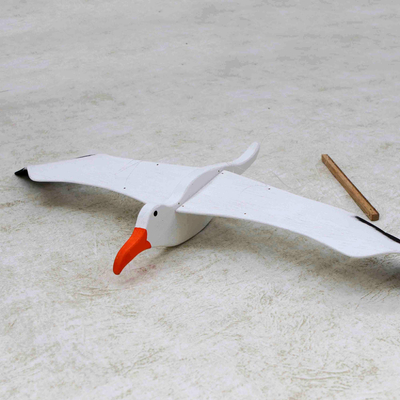 Wood sculpture, 'Flying Seagull' - Wood Mobile Seagull With Flapping Wings From Brazil
