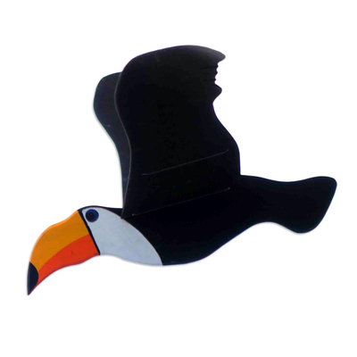 Wood sculpture, 'Flying Toucan' - Black Toucan Figure Made of Various Woods From Brazil