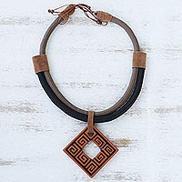 Ceramic pendant necklace, 'Tribal Key' - Adjustable Ceramic Statement Necklace
