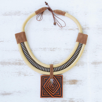 Ceramic pendant necklace, 'Tribal Labyrinth' - Hand Crafted Ceramic Artisan Necklace