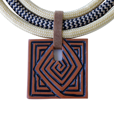 Ceramic pendant necklace, 'Tribal Labyrinth' - Hand Crafted Ceramic Artisan Necklace
