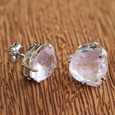 Rose quartz stud earrings, 'Heart of Light' - Brazil Heart-Shaped Rose Quartz Stud Earrings