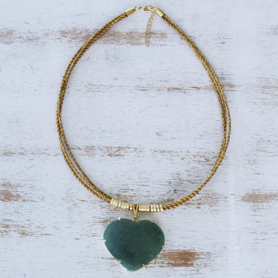 Quartz and golden grass pendant necklace, 'Whole Heart' - Golden Grass Necklace with Green Quartz
