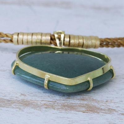 Quartz and golden grass pendant necklace, 'Whole Heart' - Golden Grass Necklace with Green Quartz